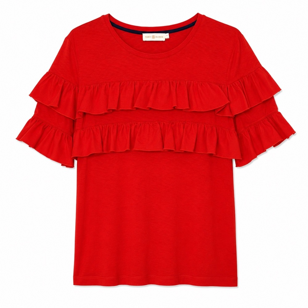 Tory Burch Top Size Large Red Orange Ruffle Sleeve Cotton Short Sleeve